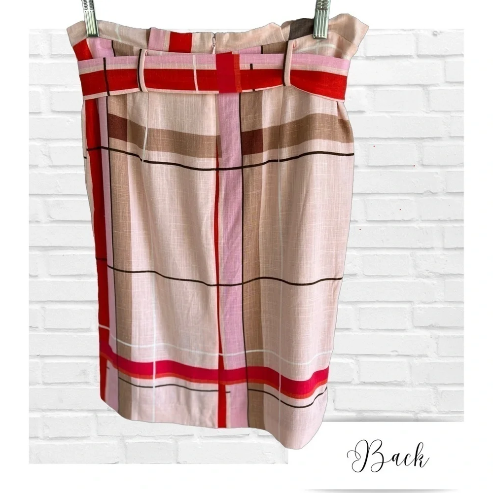 Ann Taylor Linen Blend Multi Colored Plaid Skirt Bow Belted Women’s 8P Pink Tan